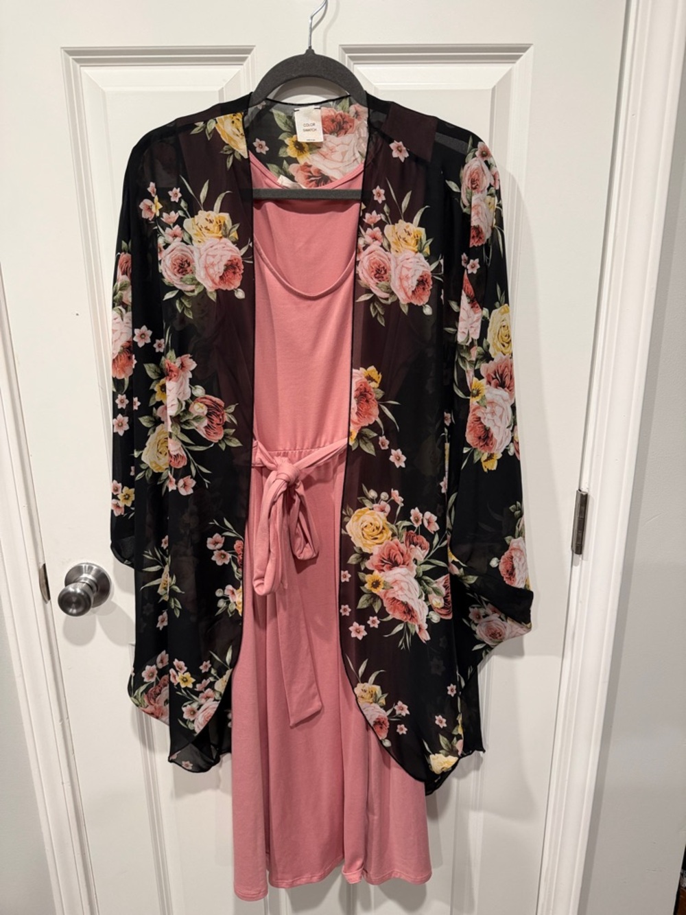 Black Floral Sheer Kimono with Dusty Rose Midi Dress